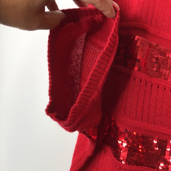 2B Bebe Red Striped Sequined Short Sleeve Christmas Sweater L Large - Picture 6 of 8